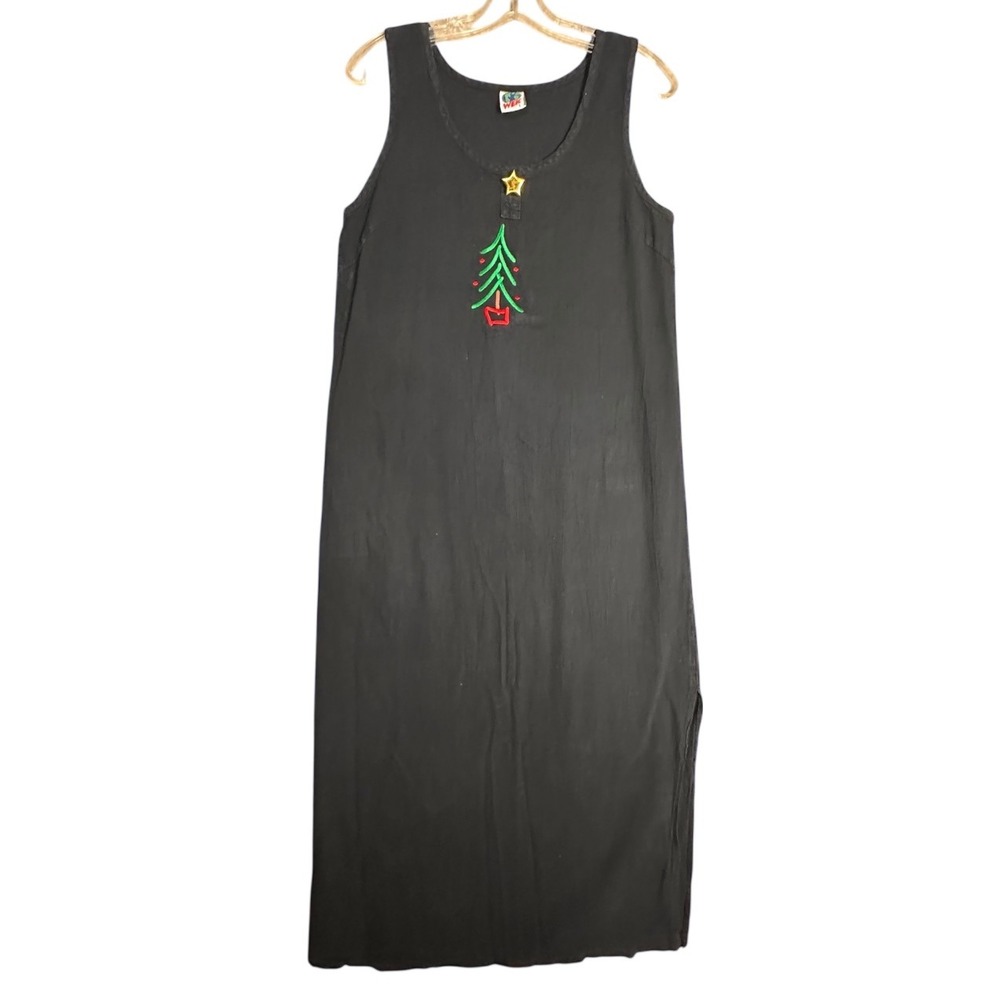 WEK Vintage 90s‎ Christmas Tree Jumper Dress Black Long 100% Cotton Made in USA